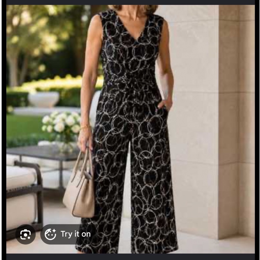 Joseph Ribkoff Black Gold Circle Print Wide Leg Jumpsuit Sleeveless V-Neck NWT 6